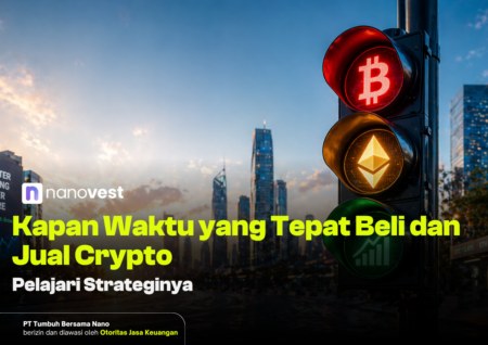 Crypto-themed banner showing a traffic light with Bitcoin (red) and Ethereum (yellow) icons against a city skyline; overlay text discusses when to buy and sell crypto.