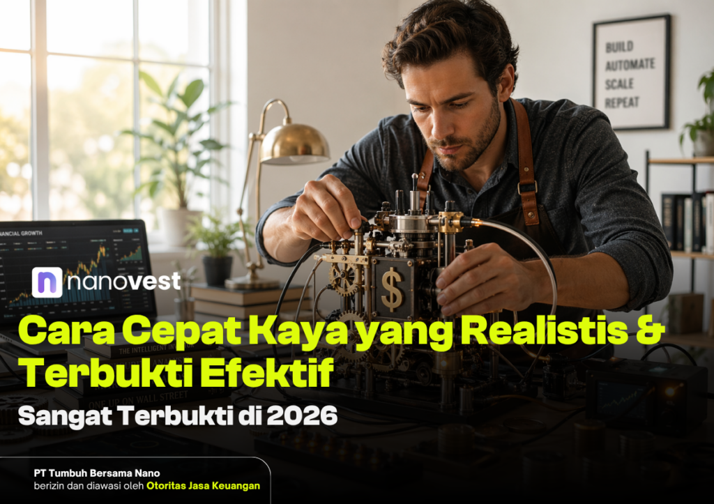 Man adjusts a brass mechanical device with a dollar symbol while a laptop beside him shows financial growth charts in a bright home-office setting.