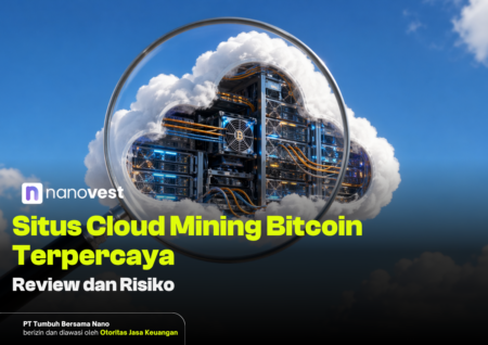 Nanovest banner promoting trusted Bitcoin cloud mining, with server racks inside a cloud illustration