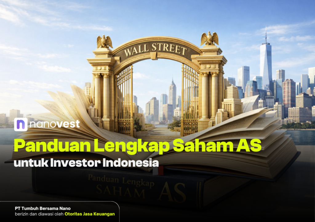 Buku “Panduan Lengkap Saham AS untuk Investor Indonesia” dengan ilustrasi gerbang Wall Street dan skyline Amerika sebagai simbol investasi saham global.
