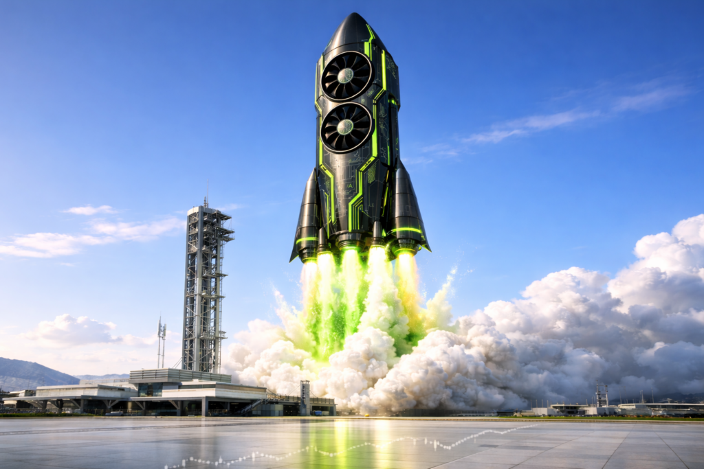 Nvidia (NVDA) Cetak Rekor Baru — AI Boom Masih Panas! Futuristic Nvidia-inspired GPU rocket launching into a bright blue sky with green energy flames, symbolizing AI stock market growth