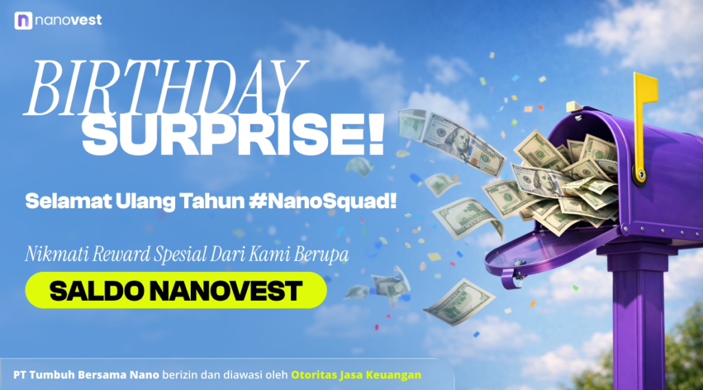 Banner program Birthday Surprise March 2026 Nanovest dengan hadiah saldo hingga 3x untuk pengguna yang berulang tahun di bulan Maret.