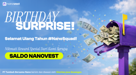 Banner program Birthday Surprise March 2026 Nanovest dengan hadiah saldo hingga 3x untuk pengguna yang berulang tahun di bulan Maret.