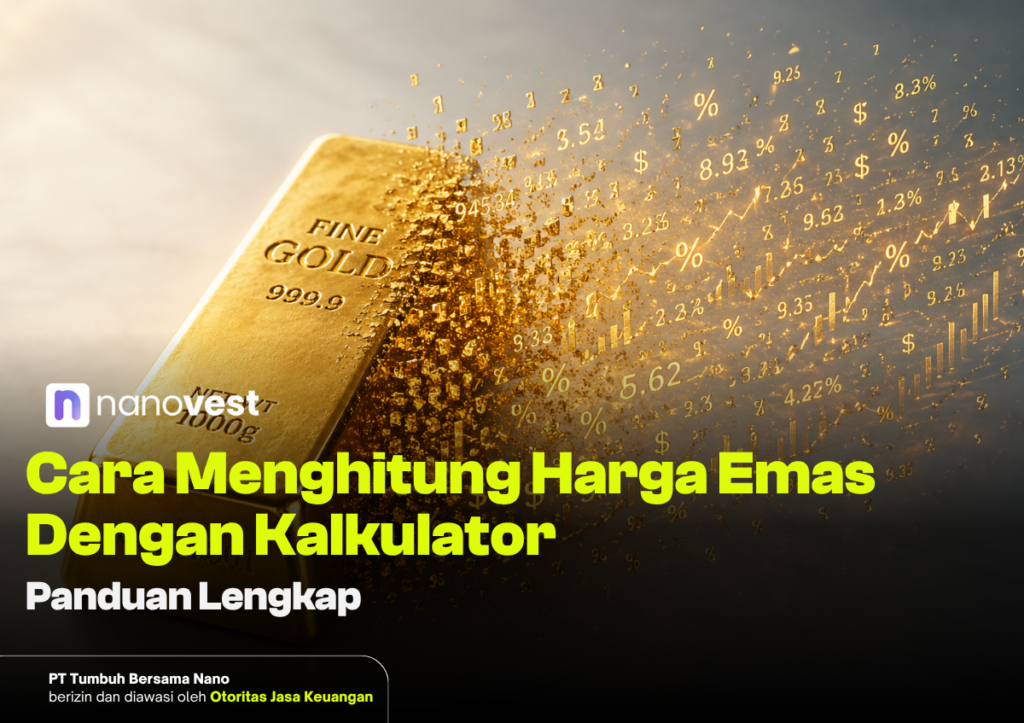 Gold bar dissolving into floating numbers and financial symbols, with Indonesian headline about calculating gold prices, overlay text included