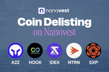 Nanovest coin delisting announcement featuring A2Z, HOOK, IDEX, NTRN, and SXP with logo and ocean background