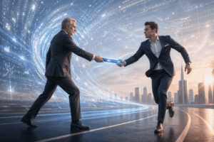Two businessmen in suits shake hands across a glowing AI-connected baton against a futuristic city backdrop and data tunnel.