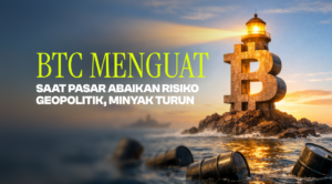 Bitcoin statue on rocks with a lighthouse at sunset; headline discusses BTC strengthening as geopolitical risks ease and oil falls.