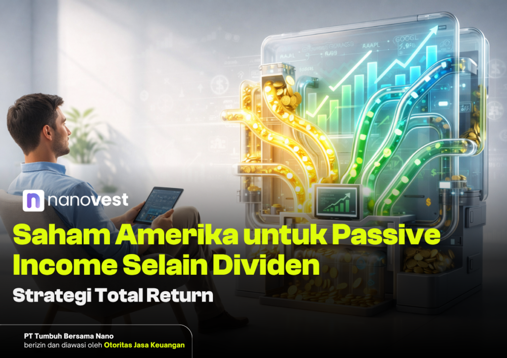 Man seated with a tablet beside a glowing investment machine pouring coins and rising charts, illustrating US stock passive income (Total Return) with Nanovest.
