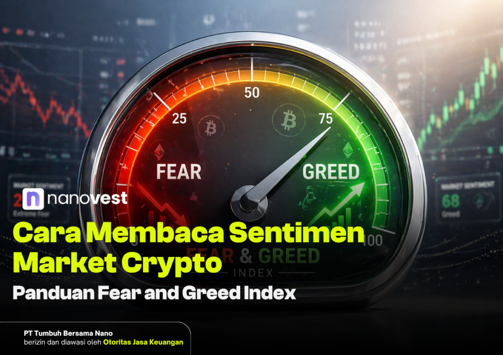 Close-up of a crypto market sentiment gauge showing FEAR on the left and GREED on the right, used for an article about the Fear and Greed Index in crypto.
