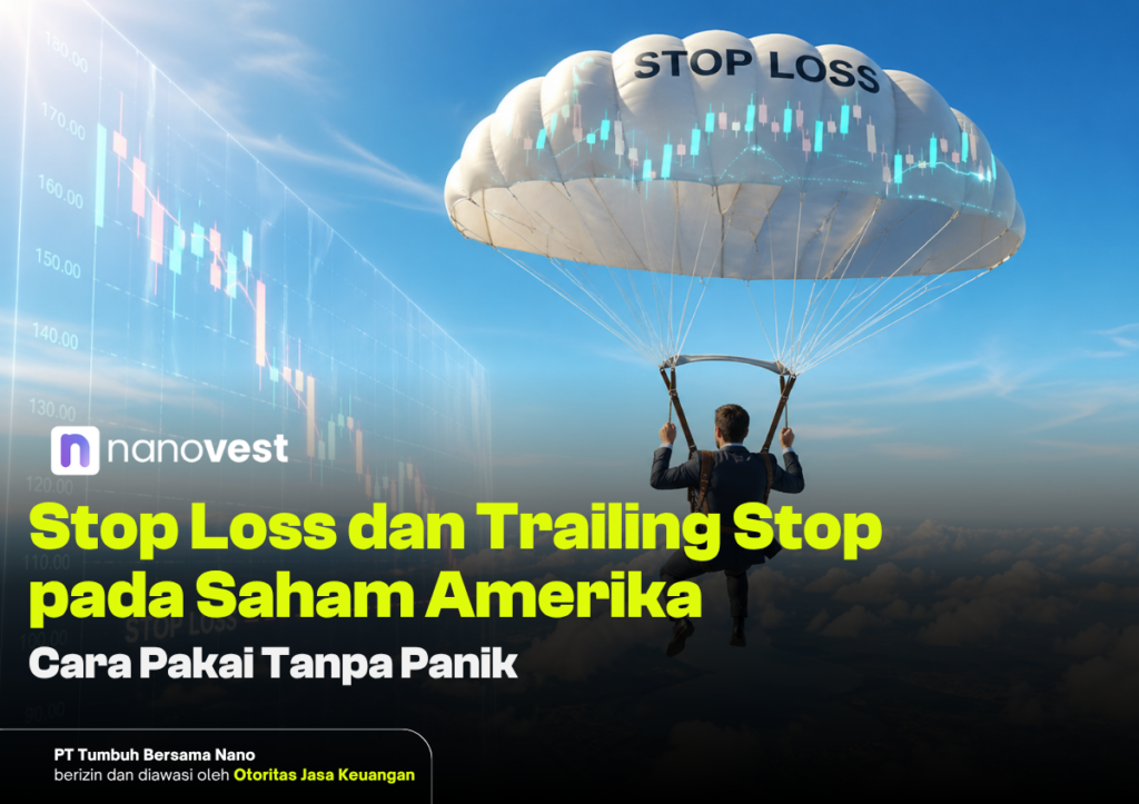 Businessman parachuting against a blue sky with a 'STOP LOSS' banner on the parachute; overlay headline about Stop Loss and Trailing Stop for U.S. stocks with Nanovest branding.