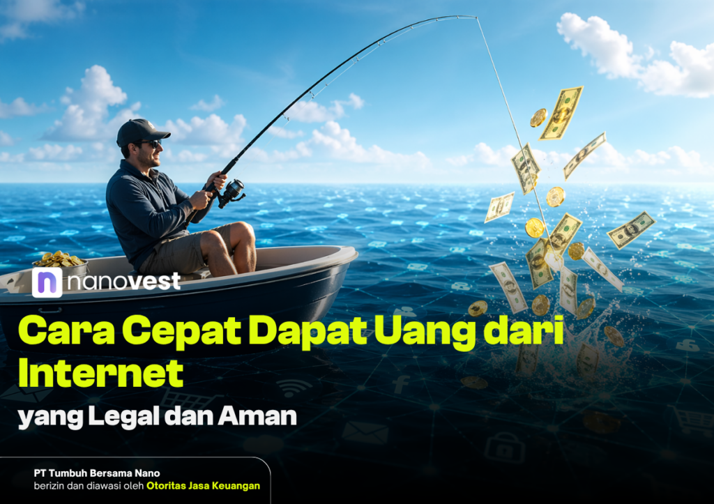 Man fishing from a boat as money rains from the water; promotional banner for legal online income by Nanovest.