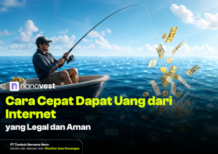 Man fishing from a boat as money rains from the water; promotional banner for legal online income by Nanovest.