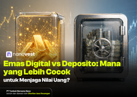 Thumbnail: glowing gold bars in a clear case beside a money-filled safe, with Indonesian headline about digital gold vs deposits.