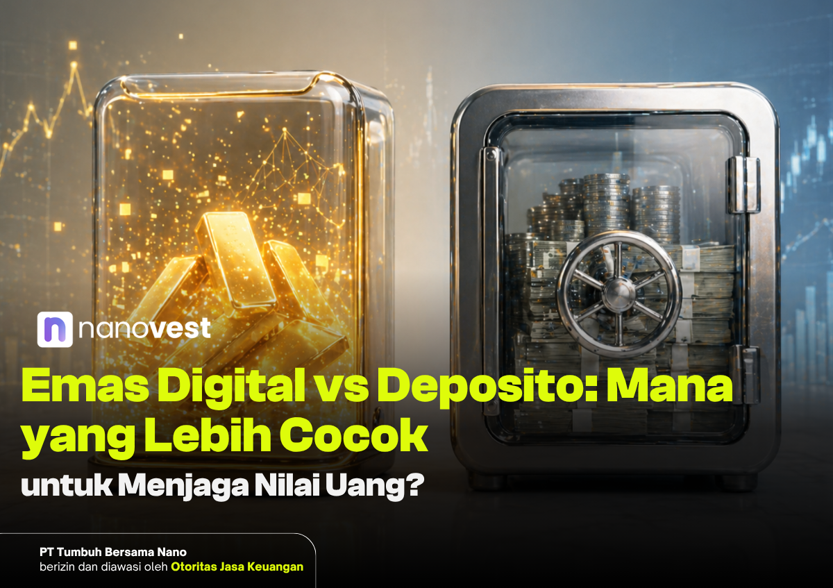 Thumbnail: glowing gold bars in a clear case beside a money-filled safe, with Indonesian headline about digital gold vs deposits.