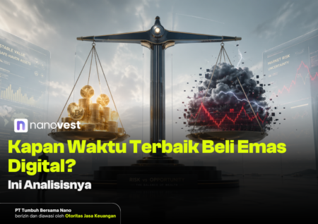 Scale with gold coins on left and stormy chart on right; Nanovest branding and Indonesian headline about digital gold timing.