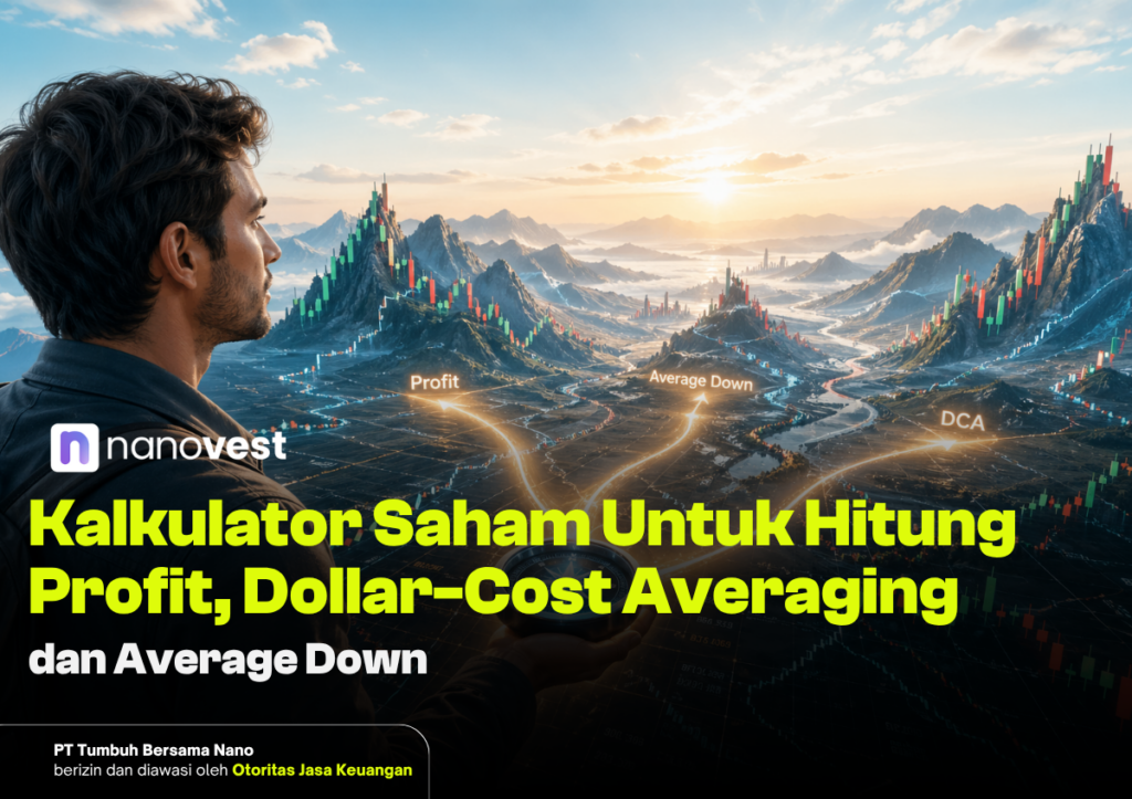 Man menatap grafik saham berwarna di lanskap pegunungan saat matahari terbit; banner iklan Kalkulator Saham Nanovest untuk hitung profit, DCA, dan averaging down.