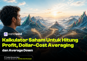 Man menatap grafik saham berwarna di lanskap pegunungan saat matahari terbit; banner iklan Kalkulator Saham Nanovest untuk hitung profit, DCA, dan averaging down.
