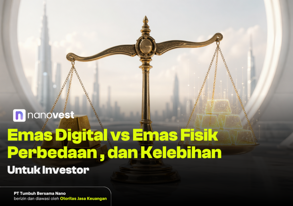 Balanced gold scales with bars on both sides, city skyline background, Nanovest logo, and a bold Indonesian headline about digital vs physical gold for investors