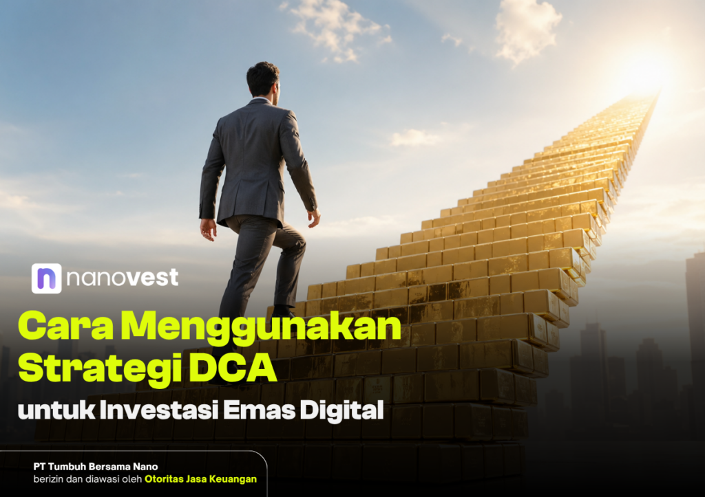 Man in a suit climbs a staircase made of gold bars toward a bright horizon; Nanovest logo visible with Indonesian headline about DCA for digital gold investment.