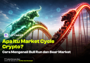 Green bull and red bear race along neon-lit roller coaster tracks; Nanovest logo and Indonesian headline about crypto market cycles.