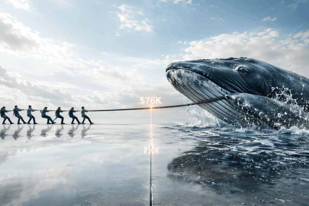 Team of people pulling a rope tied to a giant whale on a wet reflective surface, with '$76K' glowing between them.