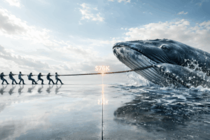Team of people pulling a rope tied to a giant whale on a wet reflective surface, with '$76K' glowing between them.