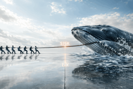 Team of people pulling a rope tied to a giant whale on a wet reflective surface, with '$76K' glowing between them.