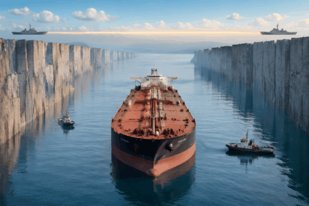 Large red-and-black tanker in a narrow waterway flanked by towering cliff walls, with two tugboats nearby.