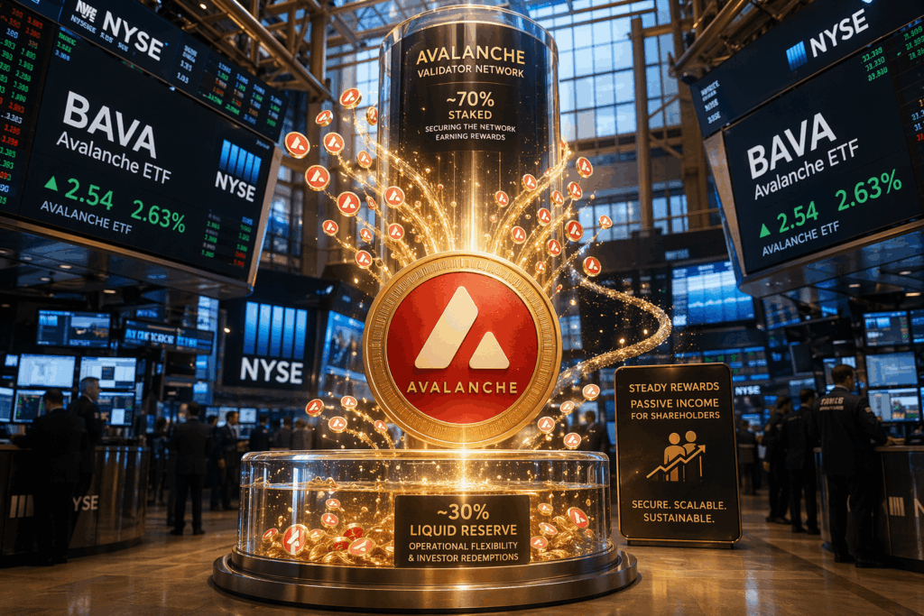 Bitwise Rilis ETP Avalanche dengan Yield AVAX Avalanche logo centerpiece on a pedestal at the NYSE trading floor, surrounded by glowing orbs and ETF displays in the background.