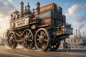 Industrial steam locomotive hauling stacked shipping containers labeled EXPORT and DOMESTIC CONSUMPTION at a port.