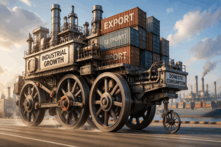 Industrial steam locomotive hauling stacked shipping containers labeled EXPORT and DOMESTIC CONSUMPTION at a port.