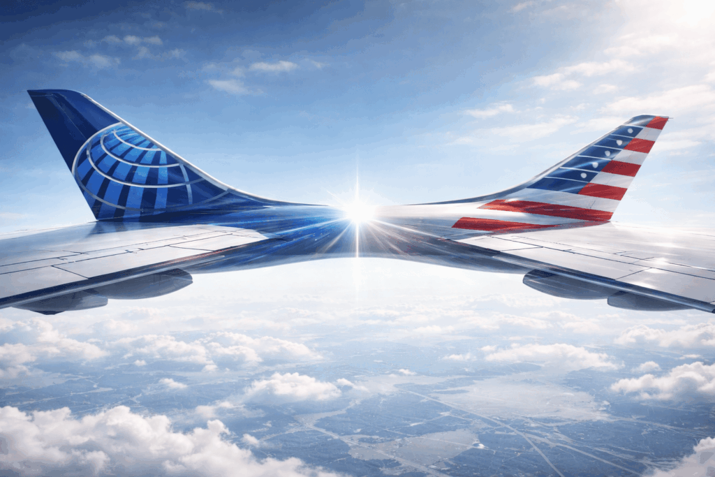 Wacana Merger United-American Mencuat, Dominasi Baru di Udara? Airplane wing viewed from a passenger window with a blue globe logo on the tail and red-white stripes on the opposite wing, above clouds at sunrise/sunset.