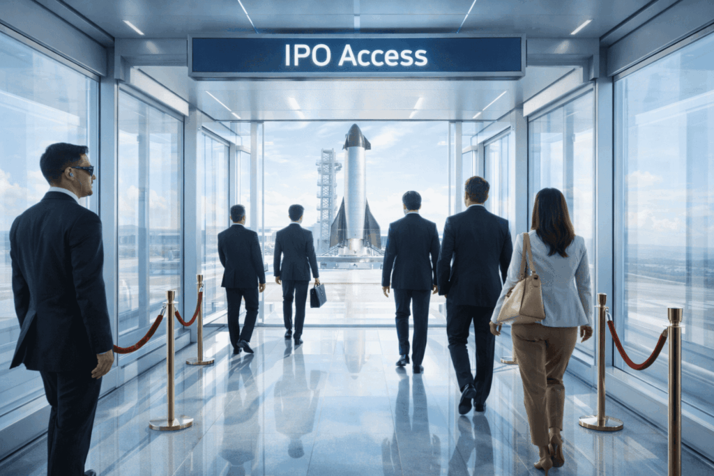SpaceX Siapkan Roadshow Eksklusif, Langkah Awal Menuju Mega-IPO Executives in business attire walk through a glass corridor toward a rocket on a launchpad labeled 'IPO Access' at the end of the hall, symbolizing an IPO opportunity.