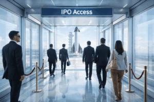 Executives in business attire walk through a glass corridor toward a rocket on a launchpad labeled 'IPO Access' at the end of the hall, symbolizing an IPO opportunity.