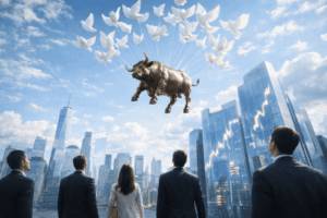 Bull statue suspended by strings attached to doves flying over a city skyline as suited professionals watch from below, symbolizing a bullish market optimism.