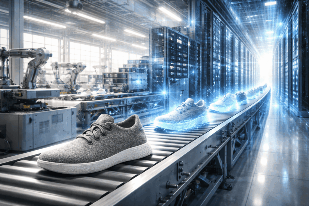 Conveyor belt in a high-tech factory with robotic arms and glowing running shoes moving along the line.