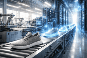 Conveyor belt in a high-tech factory with robotic arms and glowing running shoes moving along the line.