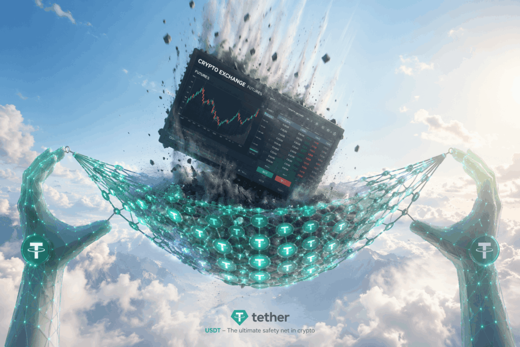 Futuristic glowing hands hold a net around a floating crypto trading screen showing price charts; Tether branding at bottom.