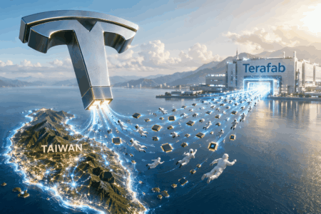 Giant metallic connector beams glowing blue circuits from Taiwan toward a futuristic Terafab factory across the sea, symbolizing semiconductor supply.