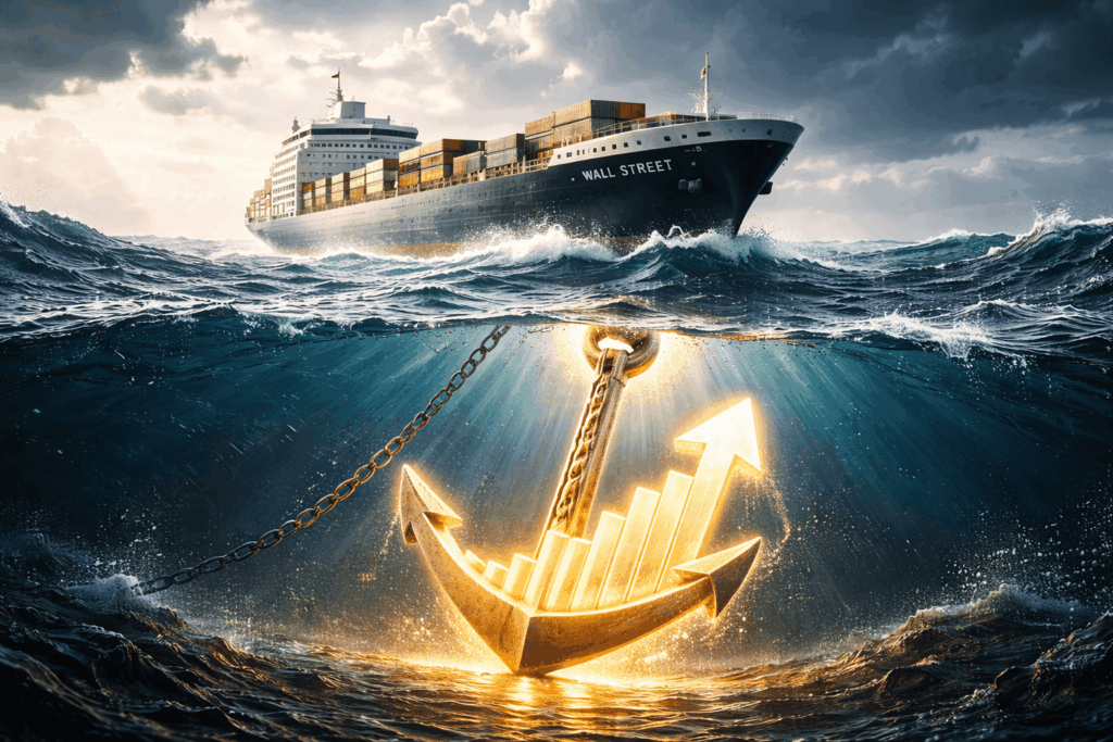 Cargo ship named Wall Street on the sea above a glowing golden anchor and upward-trending graph arrows underwater hedge of chains, symbolizing growth in shipping finance