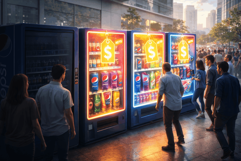 Row of neon-lit beverage vending machines in a modern city plaza as people browse drinks.