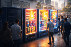 Row of neon-lit beverage vending machines in a modern city plaza as people browse drinks.