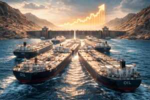 Oil tankers anchored in a harbor at sunset with a glowing upward-trending chart in the sky behind a dam and mountains.