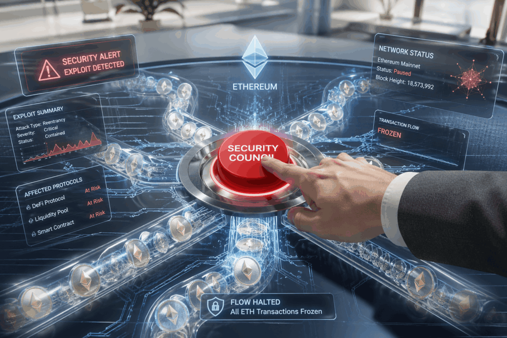 Hand presses a red button labeled SECURITY COUNTERMEASURE on a futuristic Ethereum security console with floating status panels and alerts.