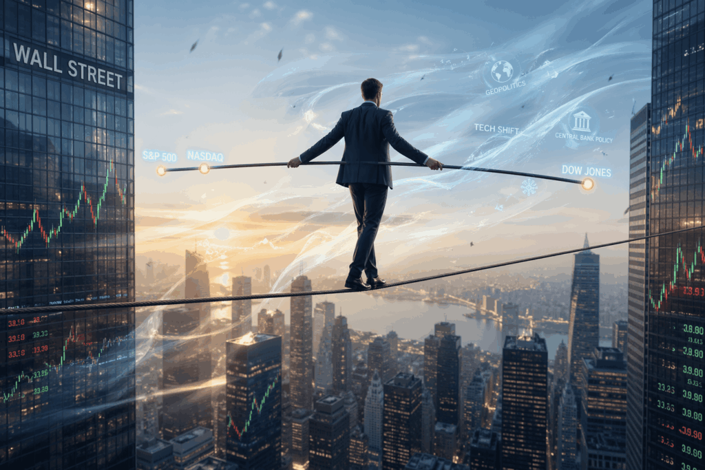 Businessman in a suit walks a tightrope between skyscrapers above a financial cityscape, with stock market graphics and labels like Wall Street and Dow Jones.