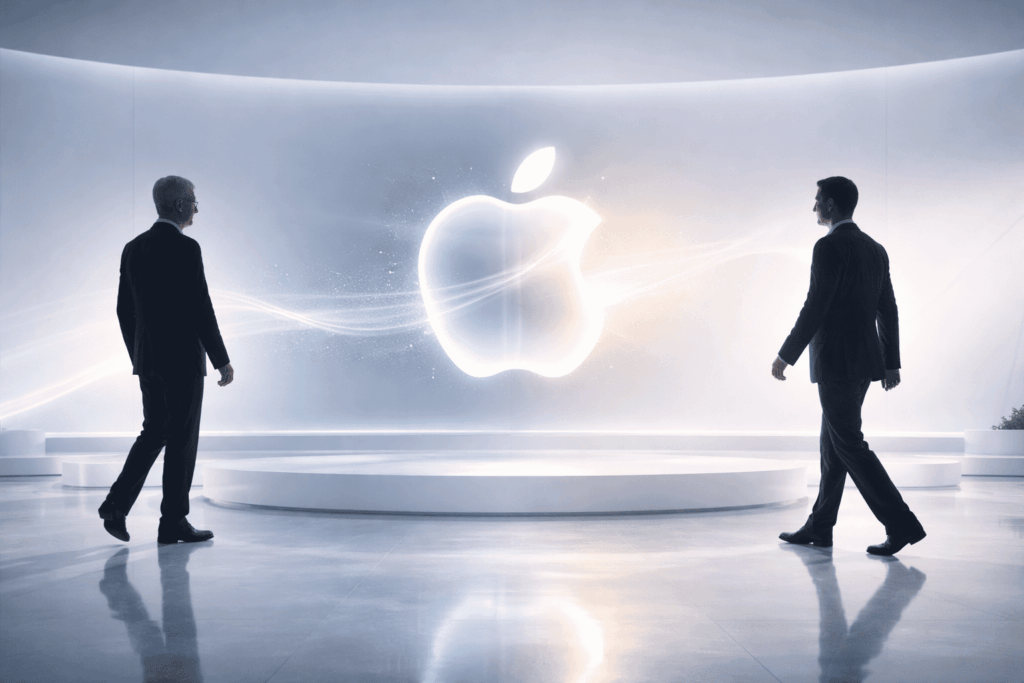 Two professionals in dark suits walk toward a glowing Apple logo suspended between them in a sleek white showroom.