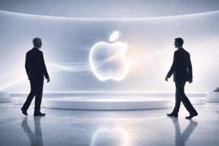 Two professionals in dark suits walk toward a glowing Apple logo suspended between them in a sleek white showroom.