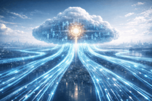 Cloud-shaped data hub with glowing blue data streams cascading toward a city skyline, illustrating cloud computing.