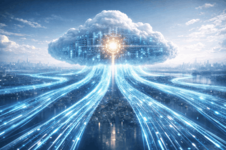 Cloud-shaped data hub with glowing blue data streams cascading toward a city skyline, illustrating cloud computing.