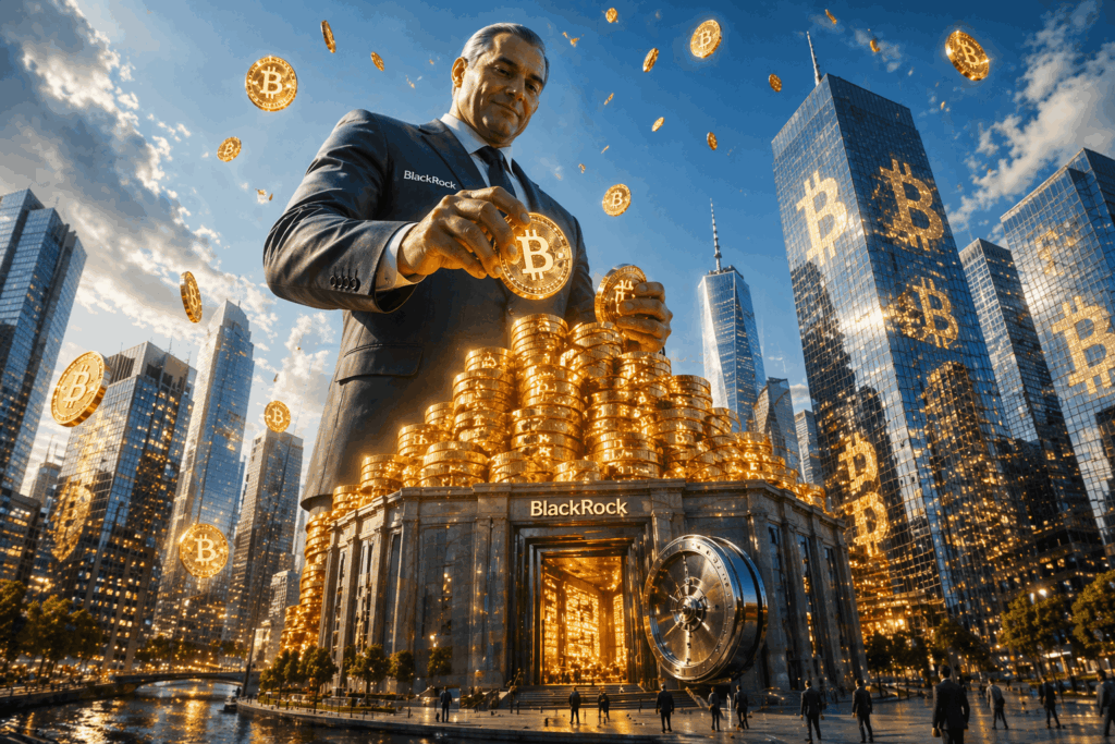 Businessman in a suit arranging glowing Bitcoin coins atop a tall pile of gold coins outside a BlackRock vault amid a city skyline